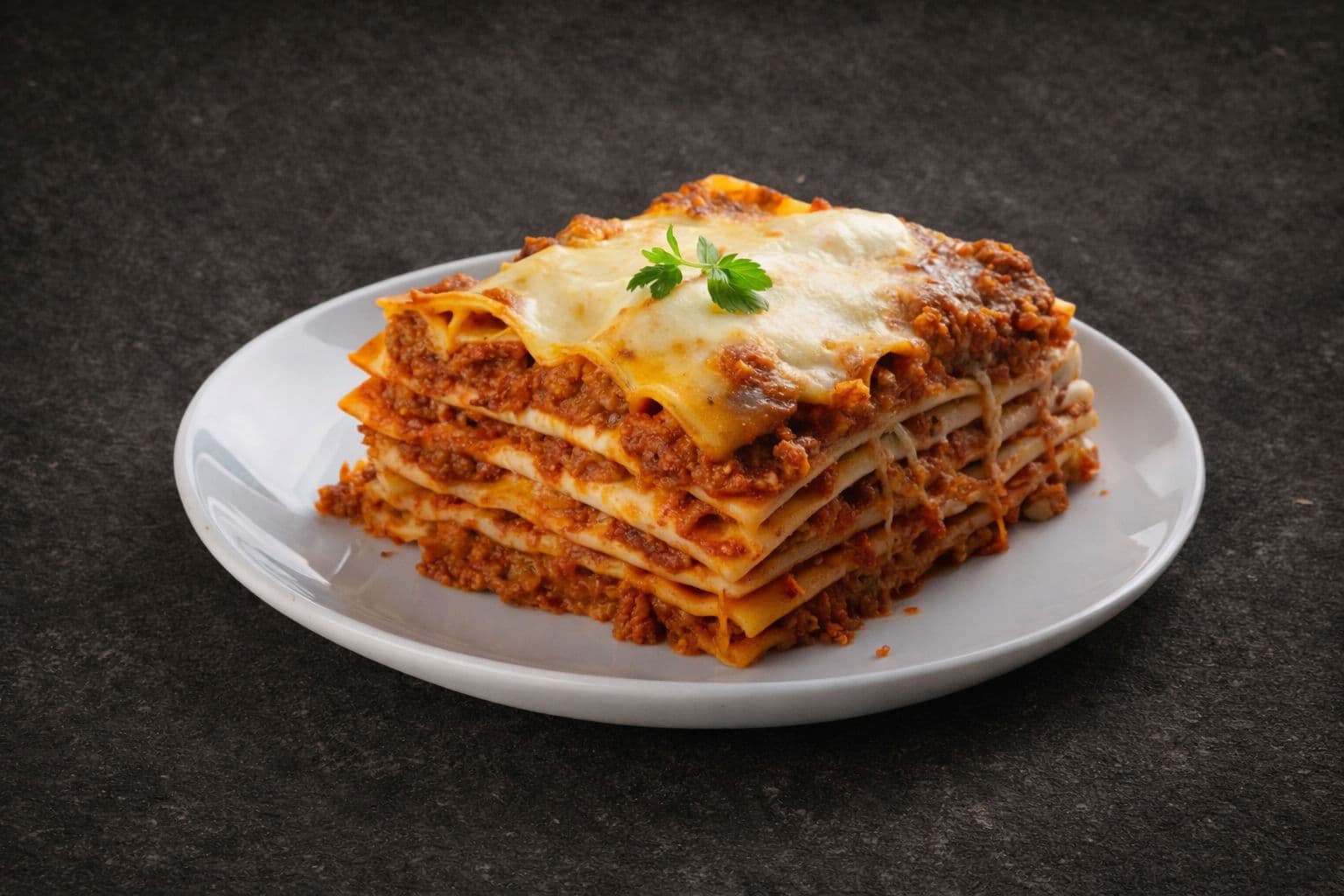Lasanha bolonhesa gratinada, com bastante queijo e molho.