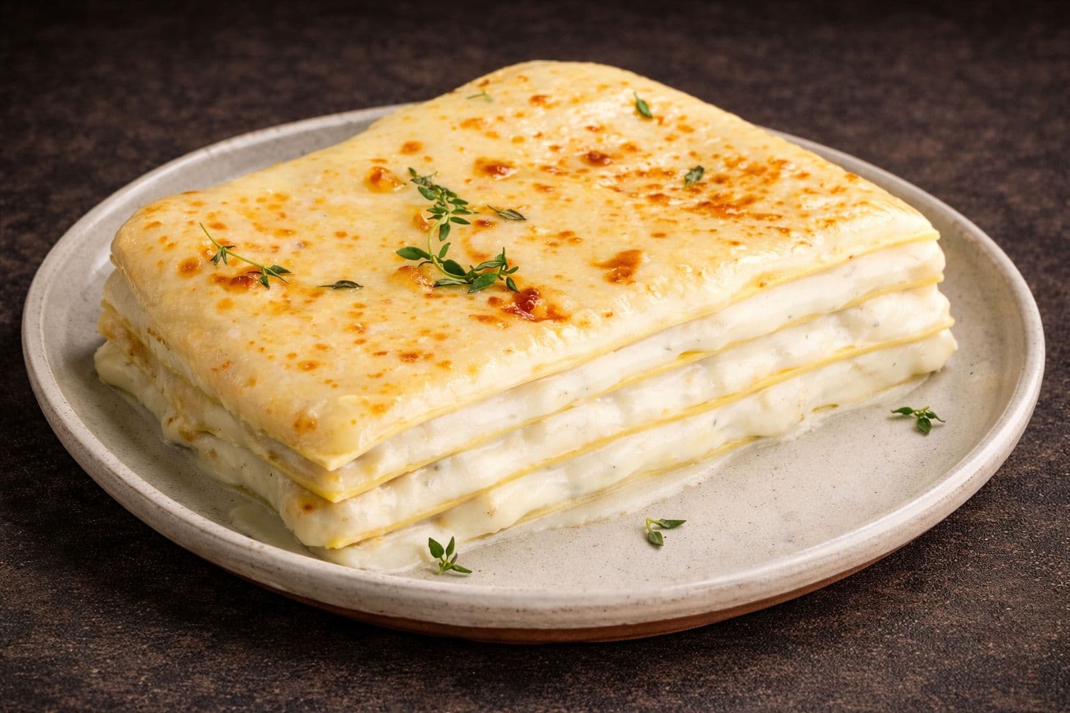 Lasanha quatro queijos gratinada, com camadas visíveis de queijo.