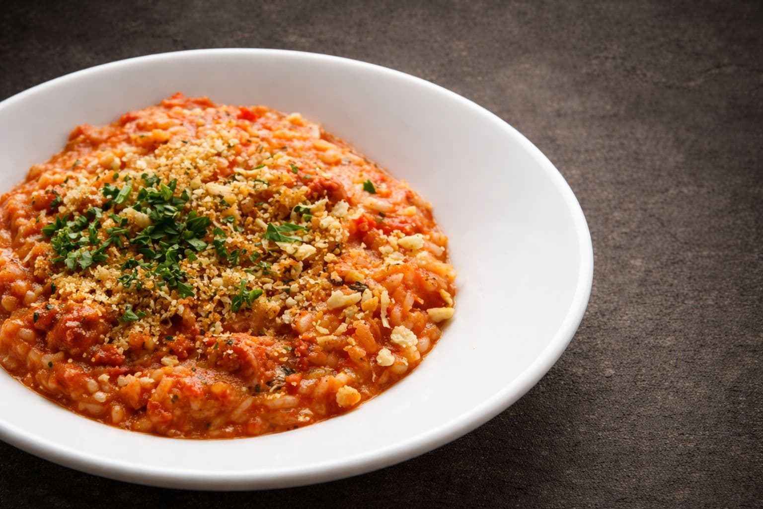 Risoto de ragù de linguiça servido em prato fundo, com cebola crispy por cima.